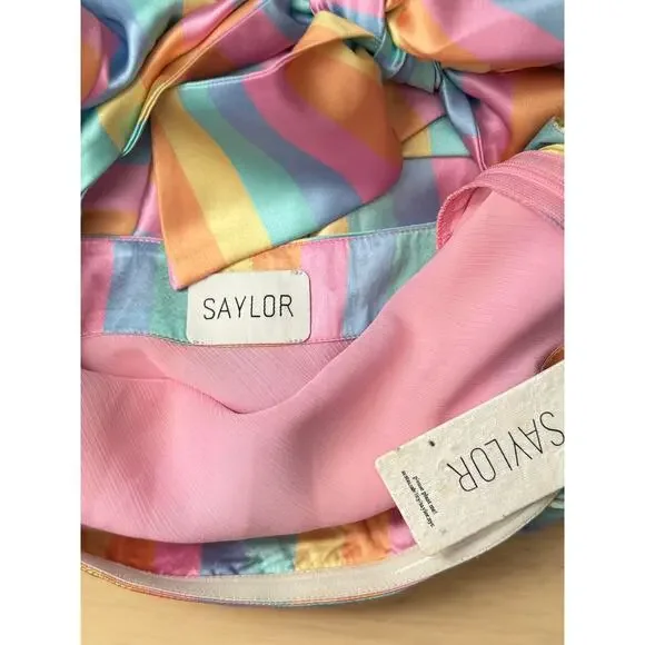 NWT Saylor Anora Rainbow Bias Satin Bow Strapless Stripe Resort Midi Dress Small - Picture 6 of 6